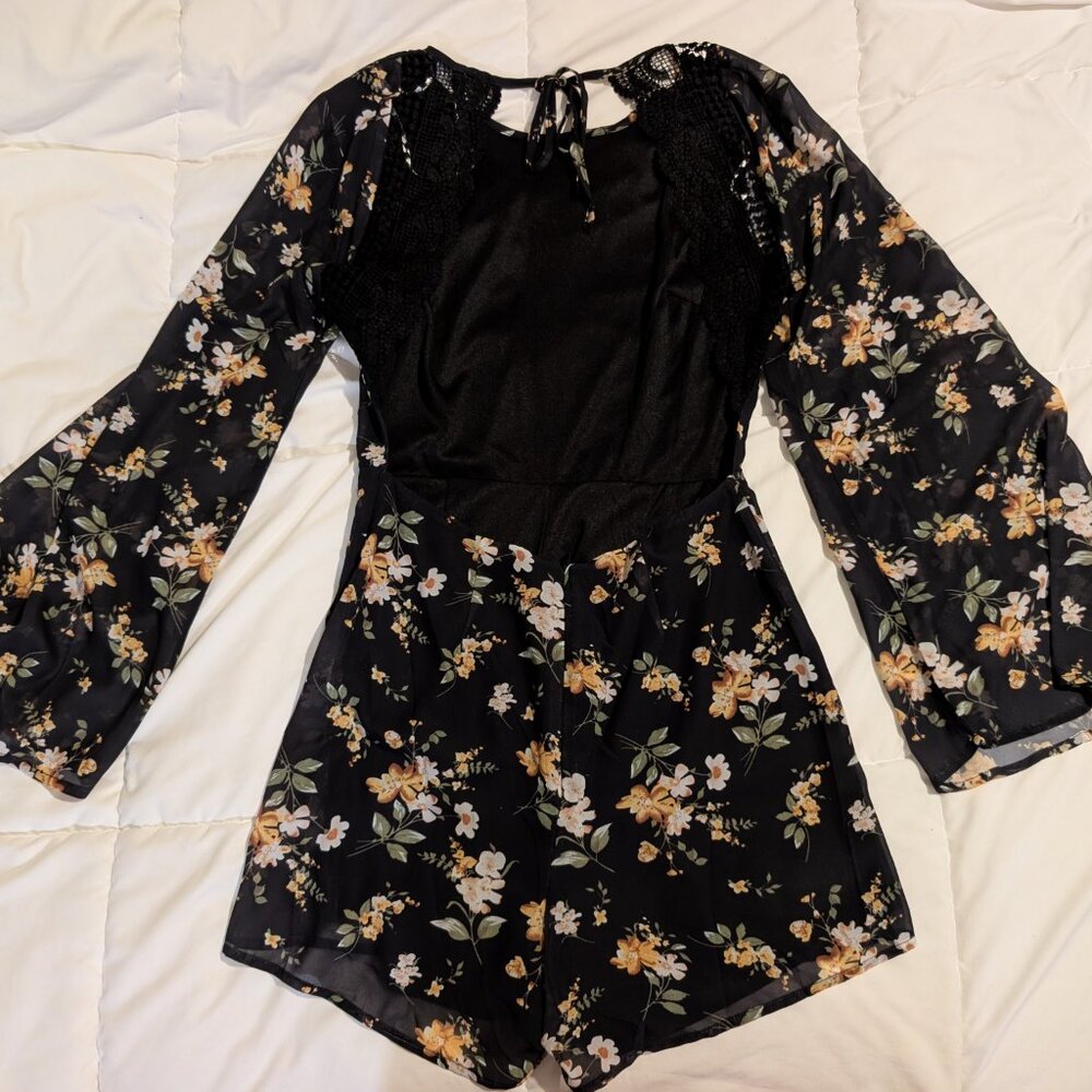 Lulus Poised And Playful Black Floral Long Sleeve Backless Romper - Size M - Picture 3 of 3